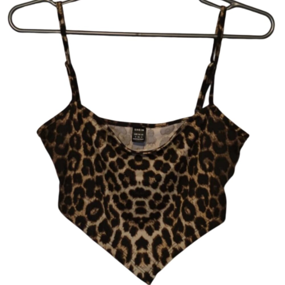 SHEIN Brown and Black Leopard Print Handkerchief Hem Crop Top